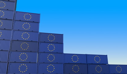 Many containers with flag of the EU represent decreasing trend. Economic or industrial crisis concept. 3D rendering - obrazy, fototapety, plakaty