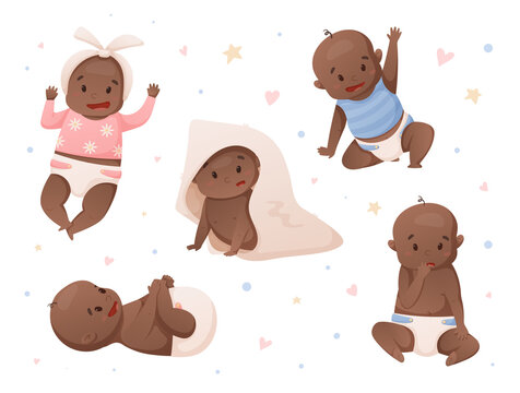 Set of vector isolated illustrations of newborn African American babies in a diaper.