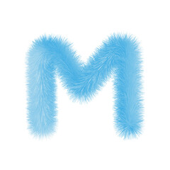 Feathered letter M font vector. Easy editable letters. Soft and realistic feathers. Blue, fluffy, hairy letter M, isolated on white background.