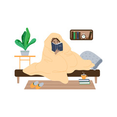 The girl is reading a book. Detailed flat style. Vector stock illustration. White background. Books on the shelf. Girl with dark skin sits on the bed wrapped in a blanket. Carpet, slippers