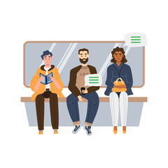 People sit in public transport and read. Guy and paper book. A man with an e-book. Girl with an audiobook. Metro. Vector stock illustration White background. Detailed flat style Relaxation 