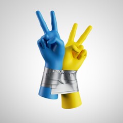 3d render, blue and yellow human hands tied with tape, isolated on white background. Victory...