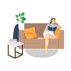 The girl sits on the couch and reads. Reading a book at home. Relaxation. The pastime. Relaxation. Enthusiasm. Vector stock illustration. White background. Detailed flat style. Glasses. 