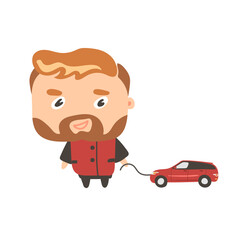 The guy with the typewriter. Doll. Stylized man. Vector stock illustration White isolated background Separate character. Cartoon style Flat style Print The hero of the game Children's car on a string.