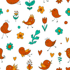 Seamless pattern of cartoon birds and flowers. Cute stylized characters. Vectral stock illustration. Background. Children's illustration. Print for fabric or wallpaper  .