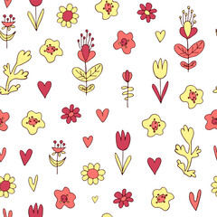 floral seamless pattern. Colored doodles. Vector hand drawn stock illustration. White background. Stylized cute cartoon tulips. Print. Pattern for fabric or wrapping paper Background. 