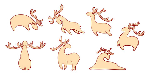 Kit. Stylized deer. Separate element. Deer for the new year. Wind stock illustration White isolated background Forest animal with horns Character in various poses Nice animal. Set. doodles hand-drawn.