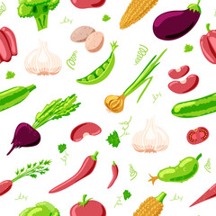 seamless pattern of fresh vegetables. White isolated background. Vector stock illustration. Peppers, onions, garlic, carrots, cucumber, cabbage, broccoli, eggplant, beans, corn, beets