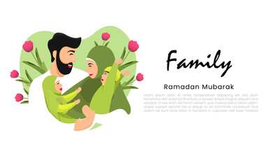 Flat Illustration - a Family Moment, Father, Mother and his Two Children Joking on a Green Background, this Image Can Be Used for Poster Prints, Flyers, Posts, Ramadan, and Family Theme Designs.