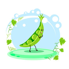 Cute character green peas. Location. Cartoon style. Card for teaching children. Vector stock illustration..