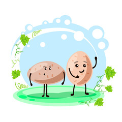 Cute character potatoes, two friends. Location. Cartoon style. Card for teaching children. Vector stock illustration. .