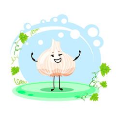 Cute character garlic. Location. Cartoon style. Card for teaching children. Vector stock illustration. .