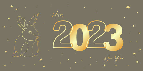 Happy New Year 2023 greeting card illustration. Gold number date sign on light brown background. Golden confetti and stars. Chinese translation: Happy Chinese new year 2023, year of rabbit