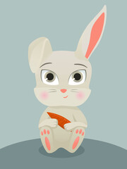 Cute cartoon rabbit character. Rabbit is holding carrot. Flat vector illustration