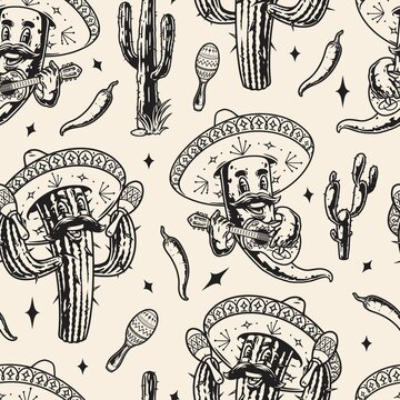 Mexican cartoon characters seamless pattern