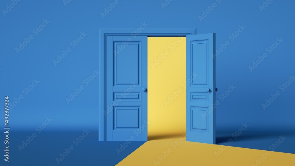 Wall mural 3d render, abstract background with half open blue doors and yellow light. Modern minimal scene. Ukrainian politics metaphor