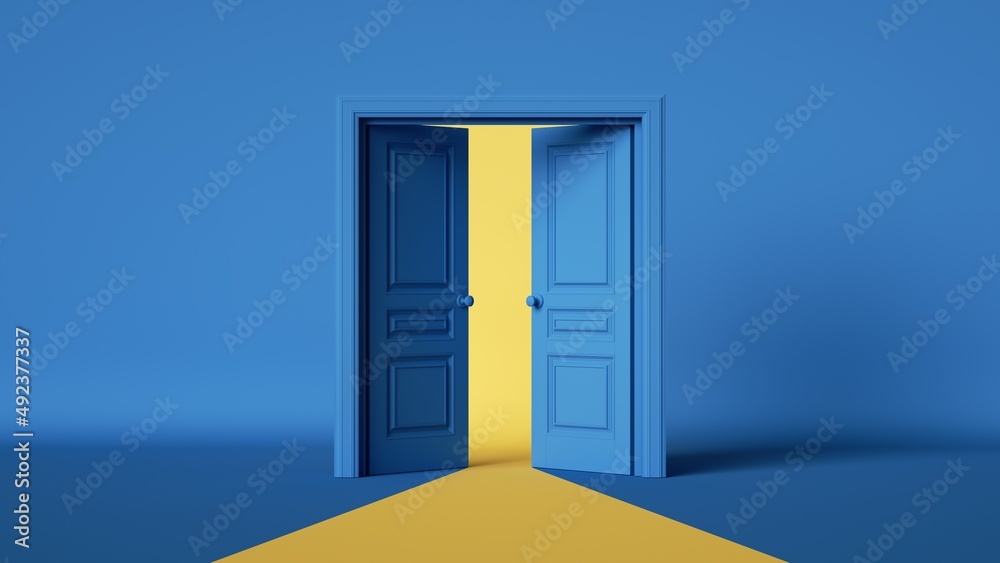 Sticker 3d render, abstract modern minimal background with yellow light going through the opening double doo