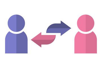 Icon of two people and an exchange arrow between them. A simple image of translation, exchange, replacement between people. Isolated vector illustration on a white background.