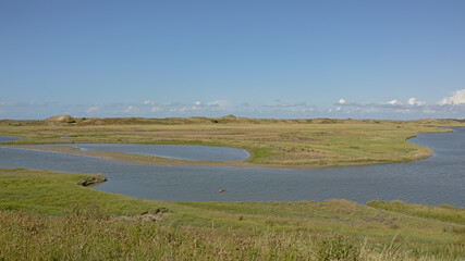 creek with saltwater and dunes on a sunny summer day in Het Zwin nature reserve, Knokke, Flanders, Belgium 