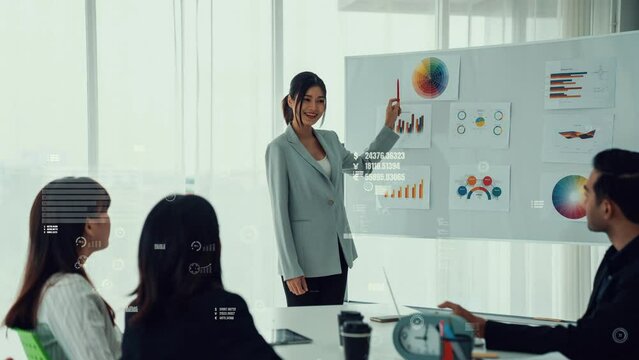 Business people in corporate staff meeting with envisional graphic . Concept of digital technology for marketing data analysis and investment decision making .