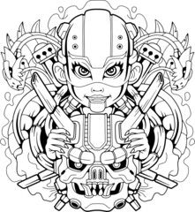 cybernetic witch girl with robot head, contour illustration, design