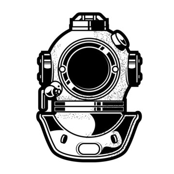 Old deep-sea diving helmet, heavy scuba headpiece, submergence equipment, vector