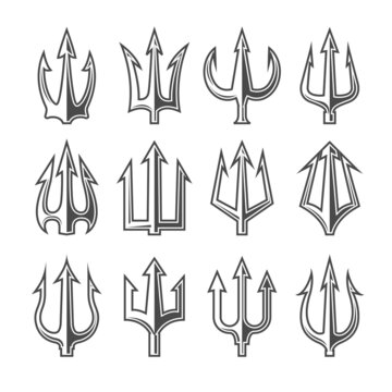 Devil tridents collection, satan staff trident, harpoon pitchfork, vector