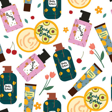 seamless pattern hand drawing cartoon makeup and skincare. for fabric print, textile, gift wrapping paper