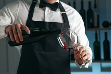 Bartender pouring wine into glass in restaurant, closeup