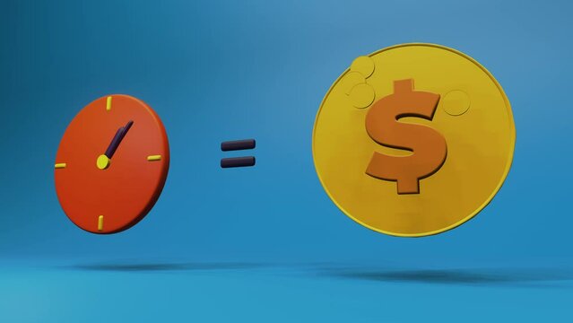 footage depict time is money concept in cartoon style. round clock and dollar coins. 4k video animation