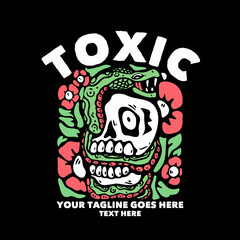 t shirt design toxic with snaked coiled over the skull and black background vintage illustration