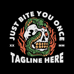 t shirt design just bite you once with snaked coiled over the skull and black background vintage illustration