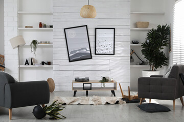 Chaotic living room interior after strong earthquake