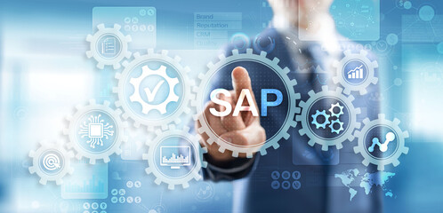 Fototapeta na wymiar SAP - Business process automation software. ERP enterprise resources planning system concept on virtual screen.