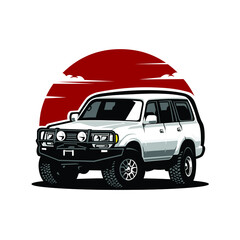 Overland SUV adventure vehicle vector isolated in red and white background © bonky