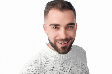 Fototapeta premium Male model shot in studio. Casual style and look with a modern and fresh approachable expression. Happy and smiling. Headshot of man with a beard, brown hair, brown eyes on a white solid background. 