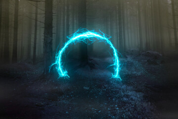 Neon portal in the foggy forest, magical evening - obrazy, fototapety, plakaty