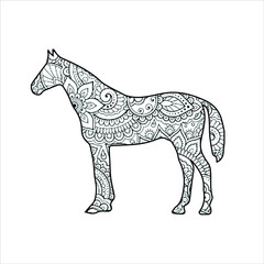 mandala animal coloring page for adults and kids | horse drawn on a white background