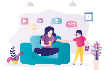 Daughter needs help with homework. Mom has internet addiction. Child wants attention of parents. Woman uses mobile phone. Cyber addiction concept. Family problems. Social issues.