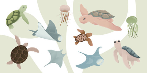 Flat vector illustration with turtle, jellyfish, stingray. Ocean day. Take care for nature and cleaning nature from garbage concept. Marine animal collection. Underwater set. Cute cartoon characters