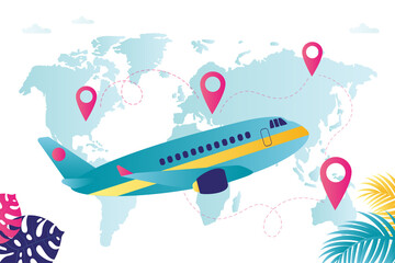 World map with destination points in different countries. Airplane makes international flights