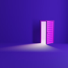 Door open on a blue background, pink door, light from the door, 3D