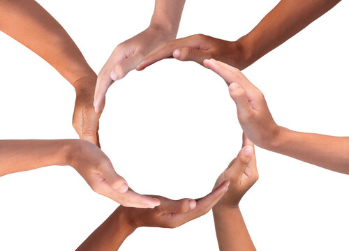 Conceptual symbol of multiracial human hands making a circle on white background with a copy space in the middle