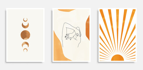 Set of posters with woman silhouette line art, sunrise and moon phases. Hand drawn illustrations for wall art, home interior. Vector EPS 10