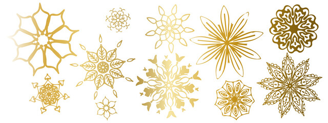 Vector flowers in gold style with shiny effects. Minimalist style. Hand drawn plants. Organic shapes. For your own design.