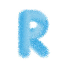 Feathered letter R font vector. Easy editable letters. Soft and realistic feathers. Blue, fluffy, hairy letter R, isolated on white background.