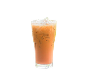 Iced orange Thai milk Tea in transparent glass isolated on white background