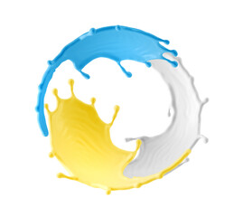 3d render, abstract colorful paint splashes, clip art isolated on white background. Round shape made of blue and yellow splashing liquid jets
