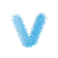 Fototapeta premium Feathered letter V font vector. Easy editable letters. Soft and realistic feathers. Blue, fluffy, hairy letter V, isolated on white background.