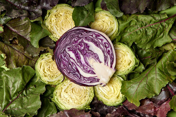 sliced red cabbage from top. Close up of purple color cabbage after slicing it, copy space. Fresh vegetable concept. flat lay